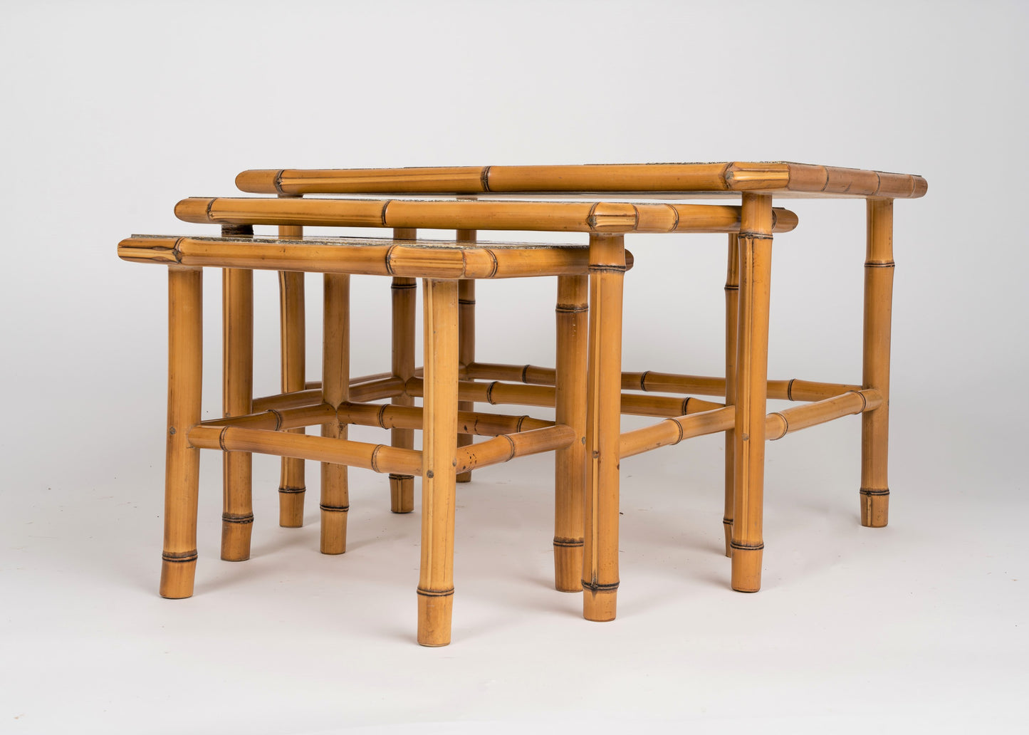 Signed Bamboo Stacking Tables with Ceramic Tiled Tops by Bergon, France, 1960s