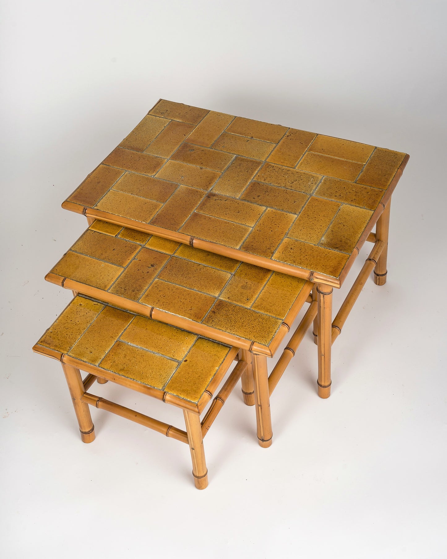 Signed Bamboo Stacking Tables with Ceramic Tiled Tops by Bergon, France, 1960s