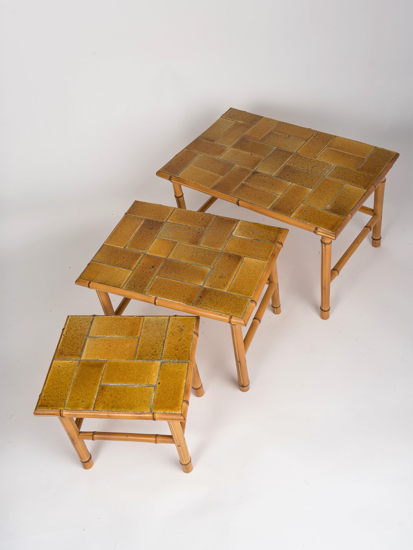 Signed Bamboo Stacking Tables with Ceramic Tiled Tops by Bergon, France, 1960s