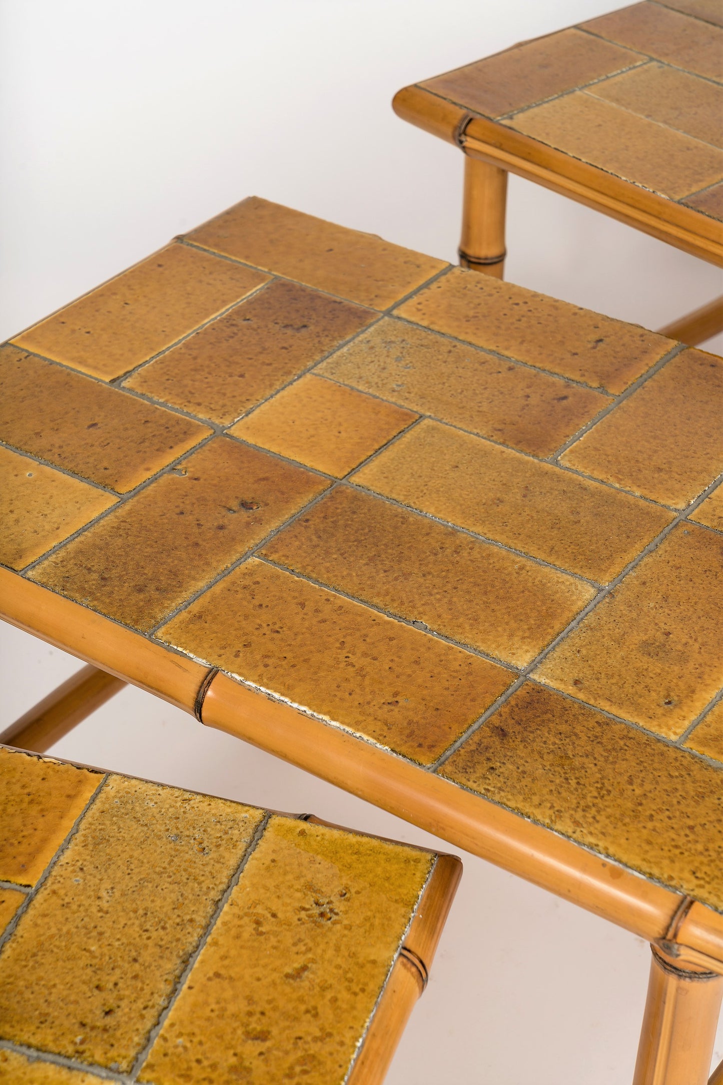 Signed Bamboo Stacking Tables with Ceramic Tiled Tops by Bergon, France, 1960s