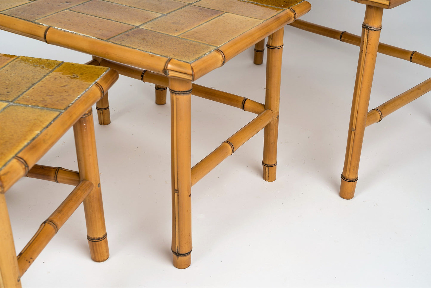 Signed Bamboo Stacking Tables with Ceramic Tiled Tops by Bergon, France, 1960s