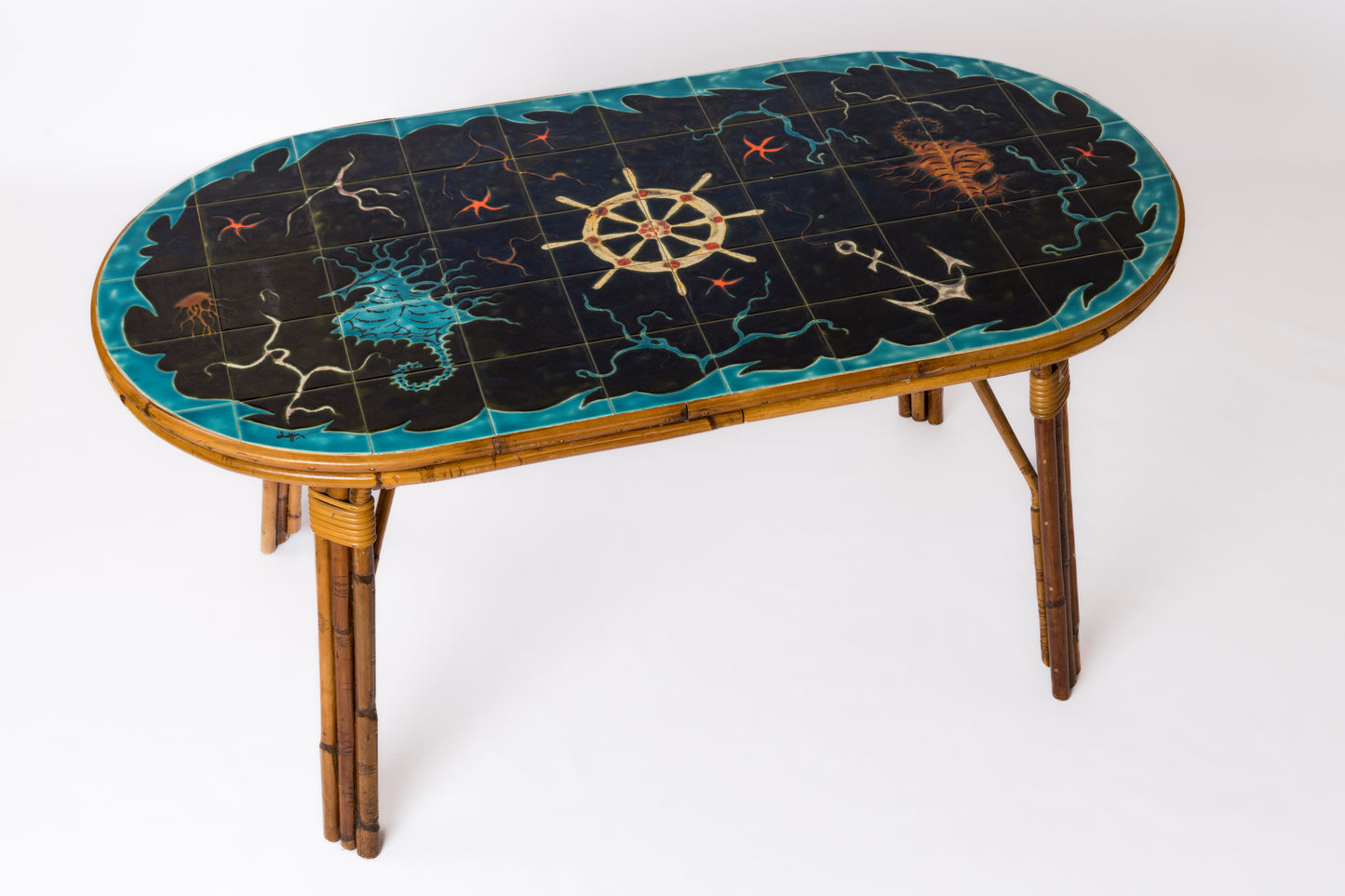 Ceramic Tiles & Rattan Dining Table by Adoux Minnet & Georges Chassin - 1960's