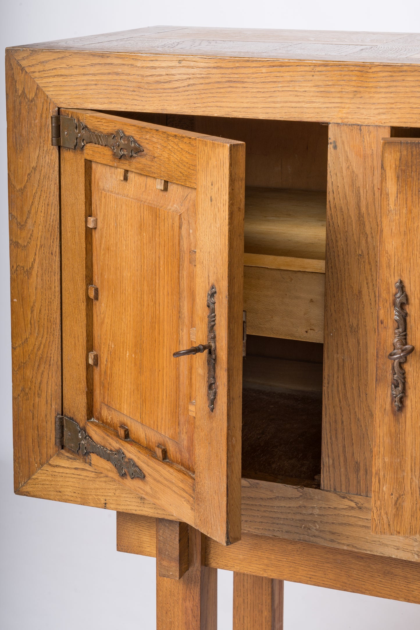 All Oak Brutalist Highboy Cabinet in the style of Marolles - France 1950's