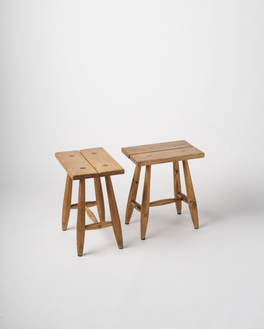 Pair of Minimalist Pinewood Stools, France, 1970s