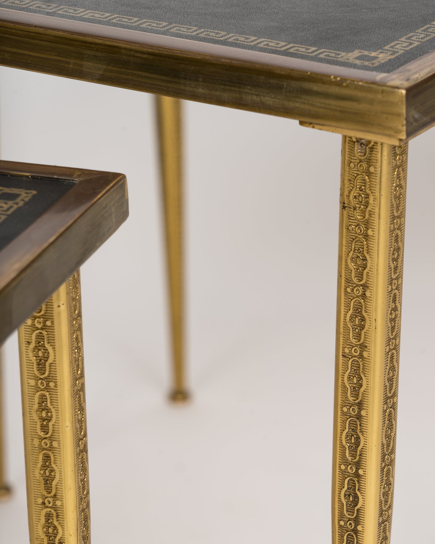 Three Neoclassical Brass & Black Leather Nesting Tables, Belgium, 1960's