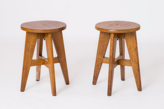 Pair of "Reconstruction" Style Oak Stools - France 1950s