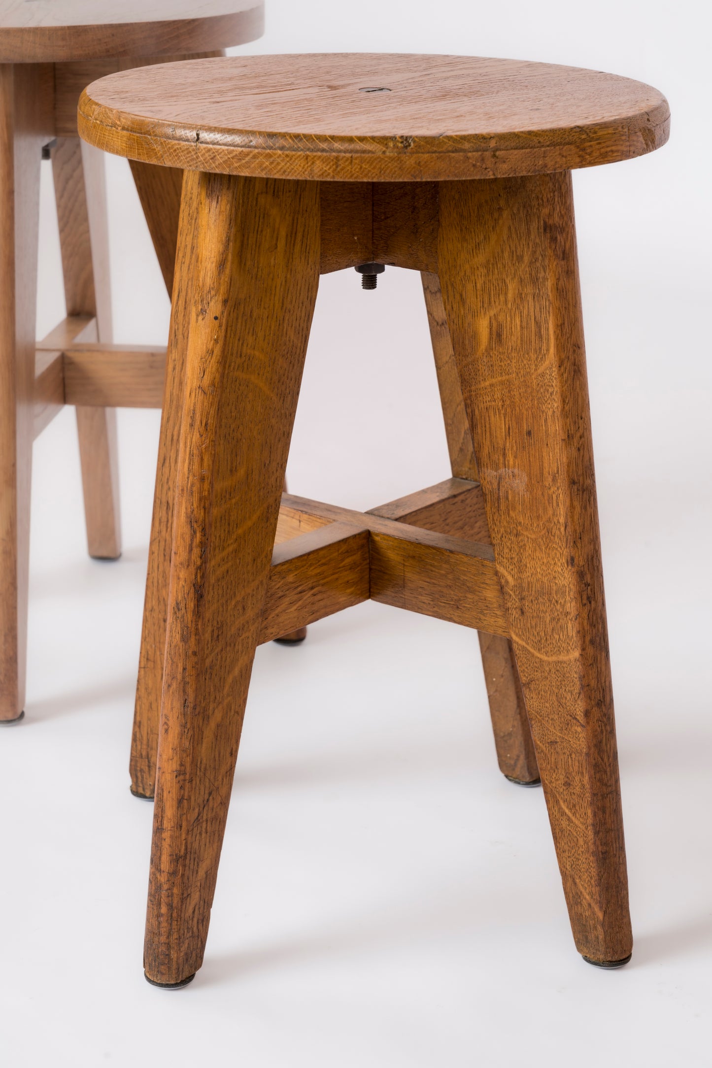 Pair of "Reconstruction" Style Oak Stools - France 1950s