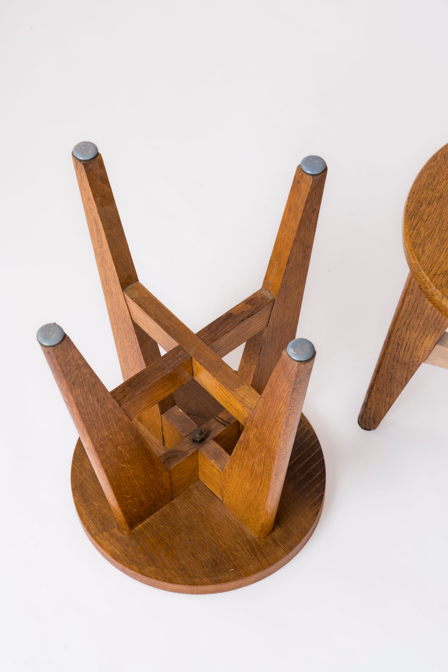 Pair of "Reconstruction" Style Oak Stools - France 1950s