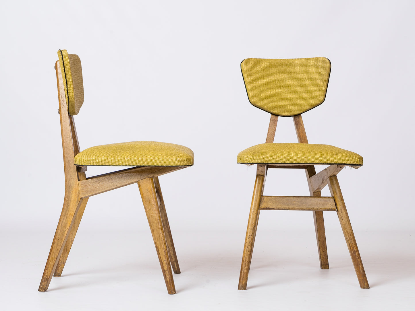 Two Beech & Yellow Leatherette Chairs by Ligne Roset - France 1950s