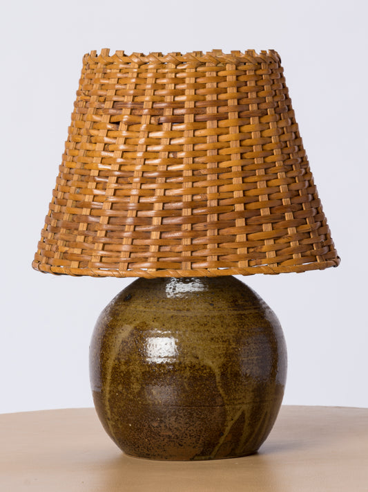 Shades of Green Petite Ceramic Table Lamp w. Wicker Shade - France 1970's