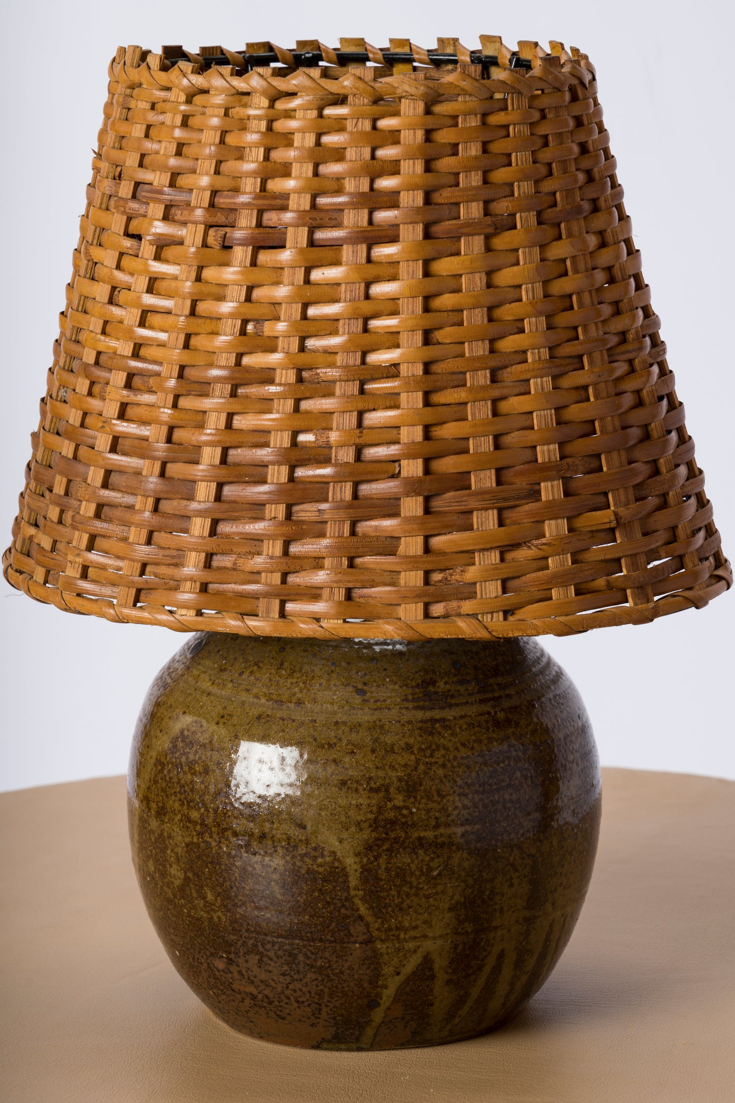 Shades of Green Petite Ceramic Table Lamp w. Wicker Shade - France 1970's