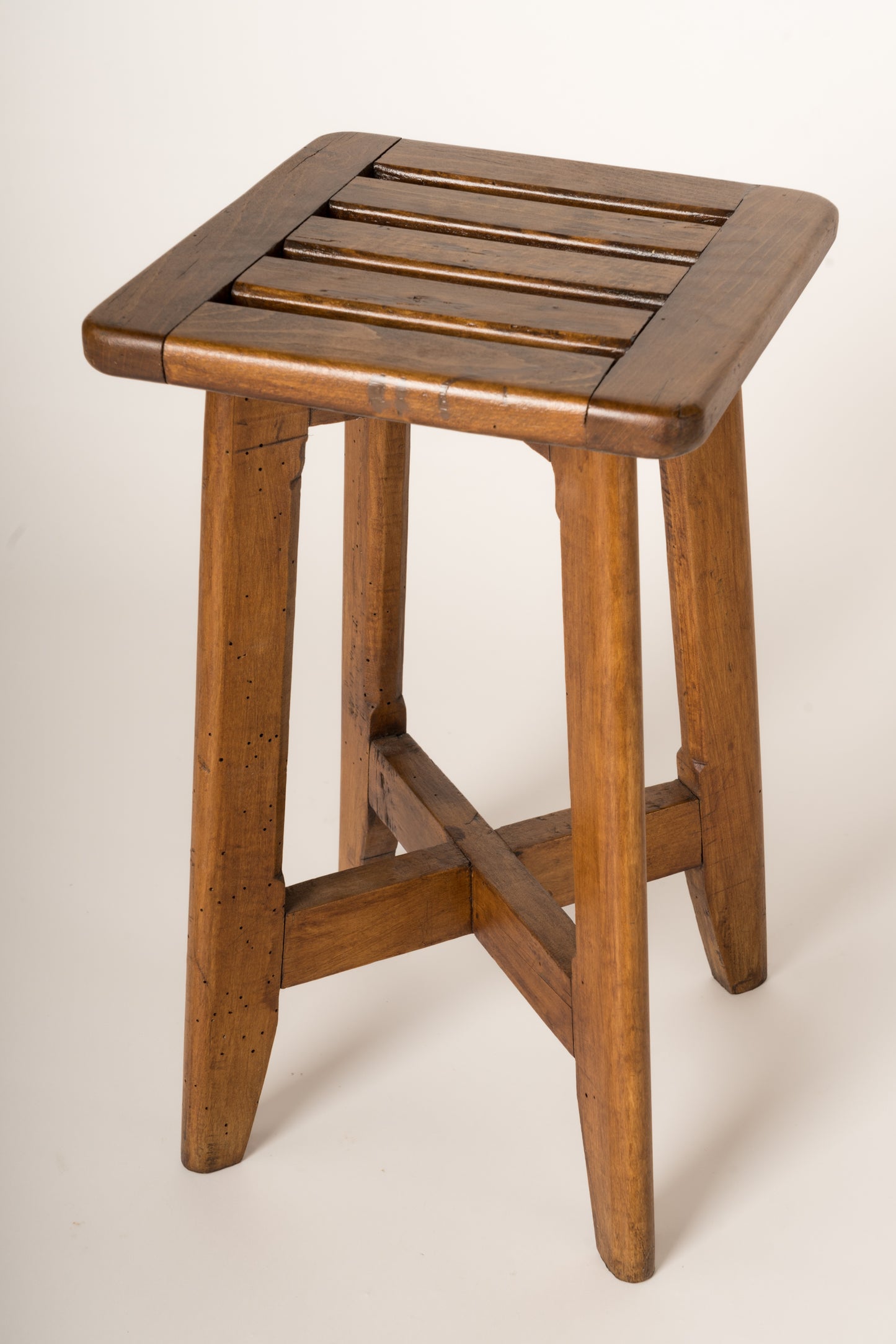 Reconstruction Oak Split Slats Stool in the Style of Gascoin, France, 1950's