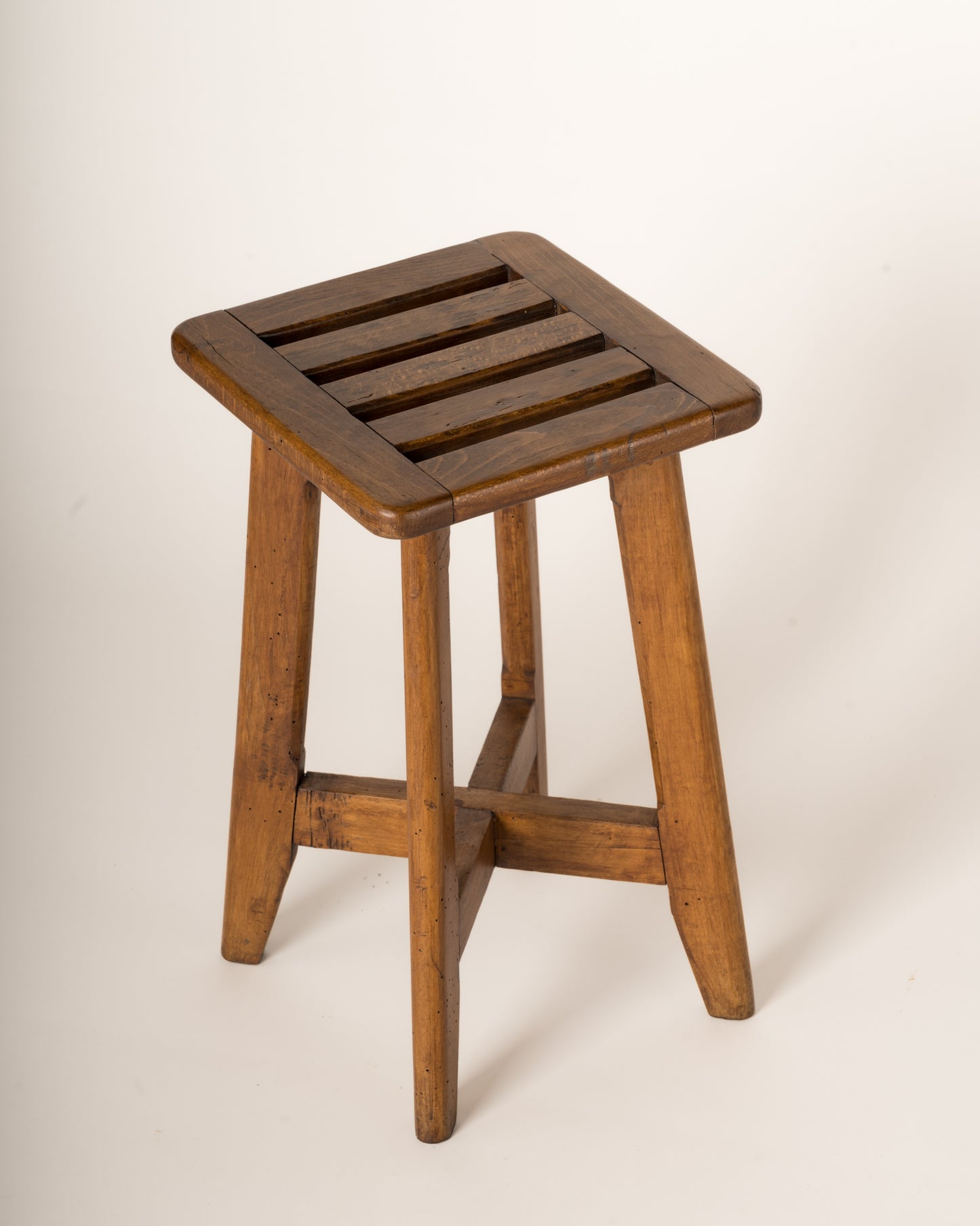 Reconstruction Oak Split Slats Stool in the Style of Gascoin, France, 1950's