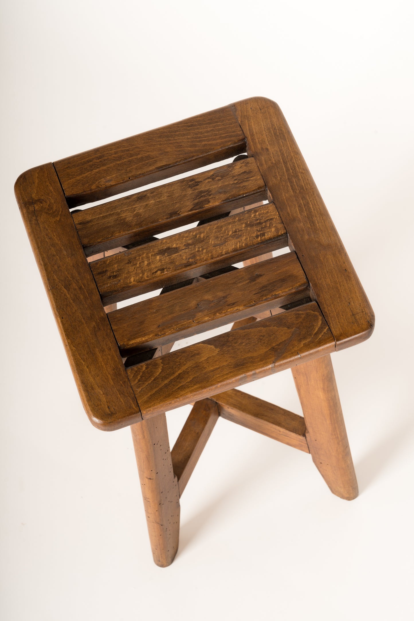 Reconstruction Oak Split Slats Stool in the Style of Gascoin, France, 1950's